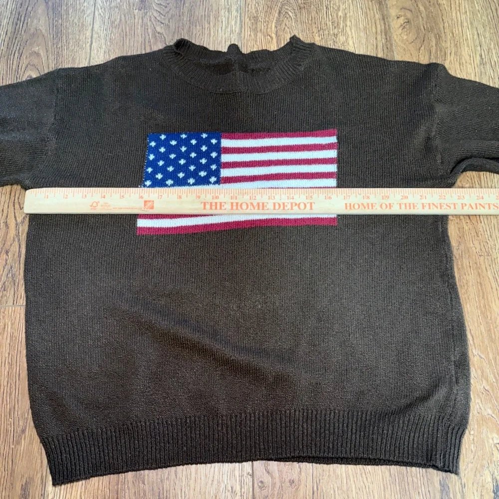 American Flag Knit Sweater Brown Crewneck Long Sleeve Americana Womens L cozy